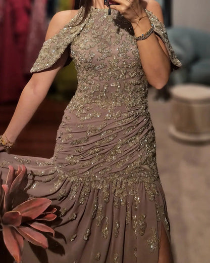 Luxury Beaded Mauve Snap Sleeves Evening Dress SS559