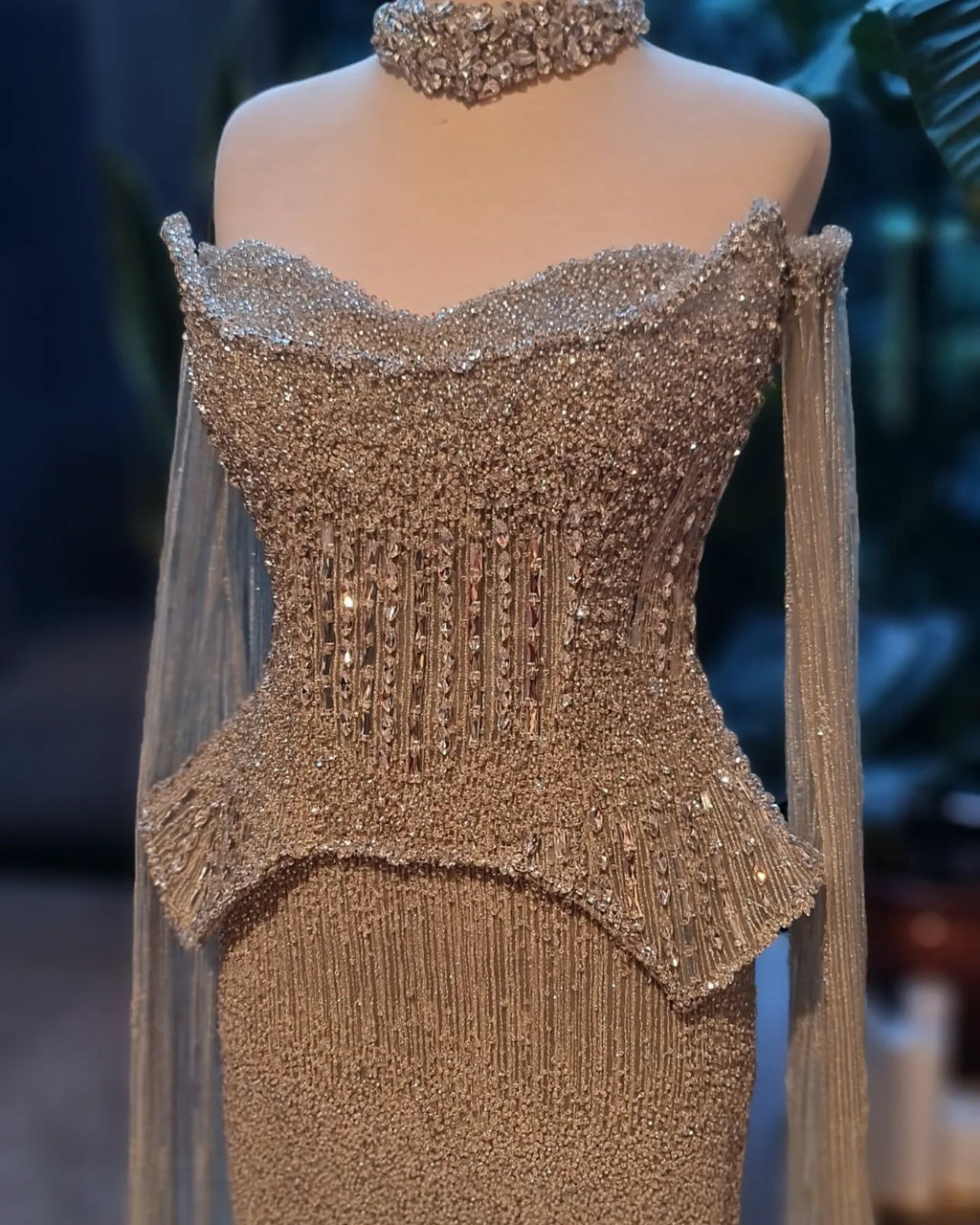 Stunning Crystal Evening Dress with Cape Sleeves SS558