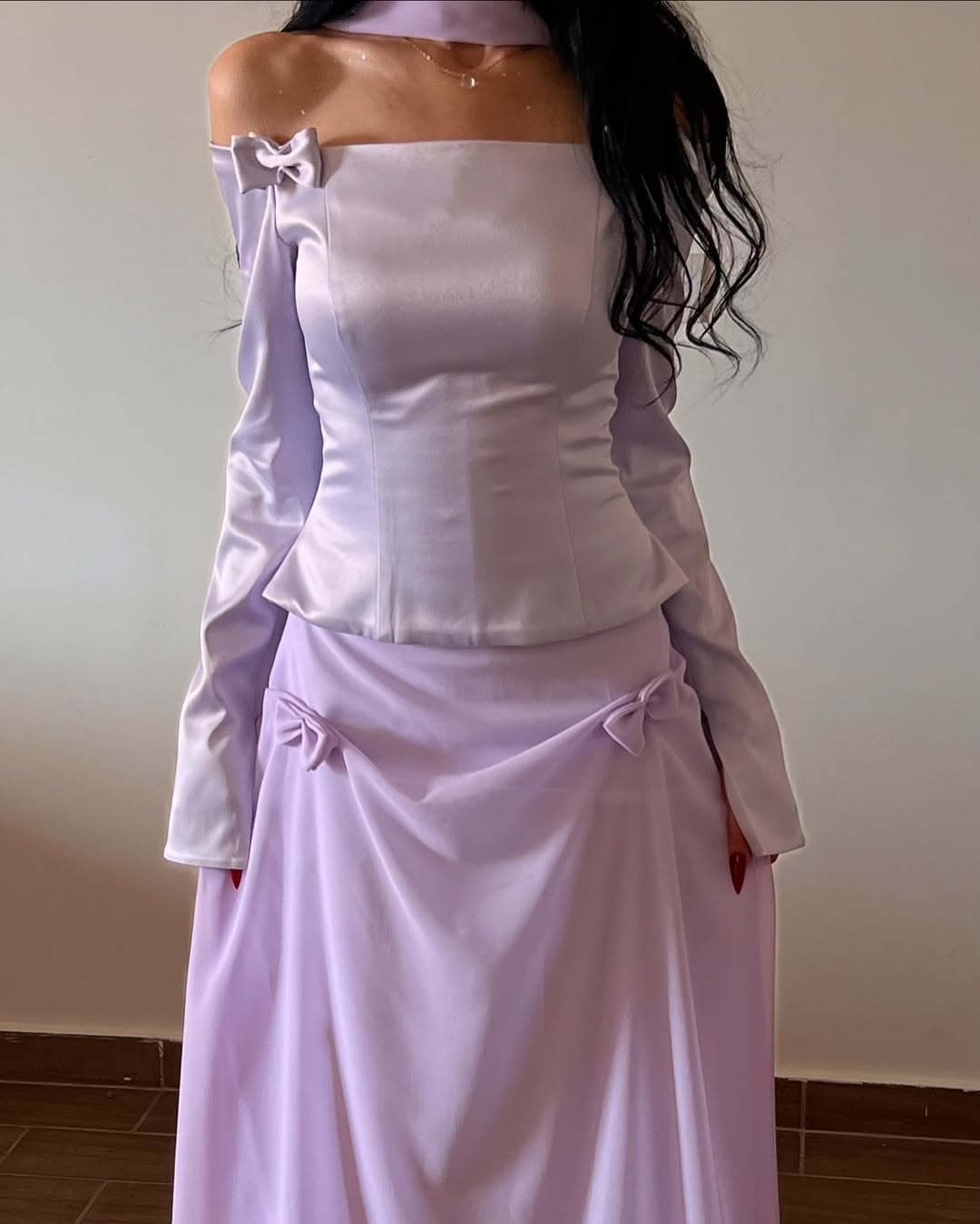 Luxury Lilac Satin Long Sleeve Evening Dress with Scarf and Bow Knot SF393