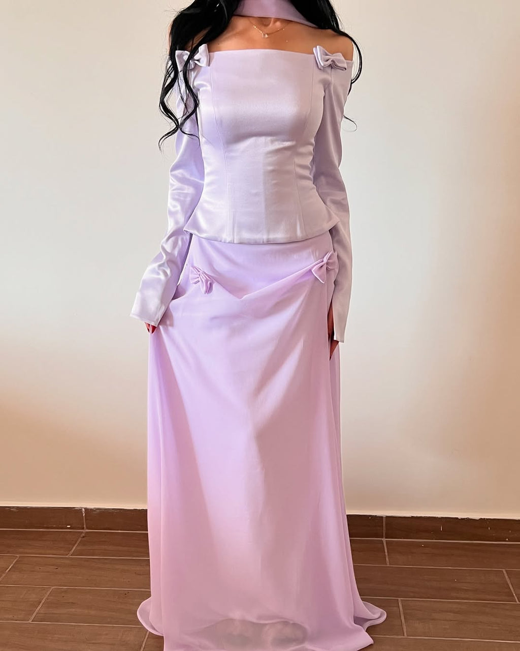 Luxury Lilac Satin Long Sleeve Evening Dress with Scarf and Bow Knot SF393