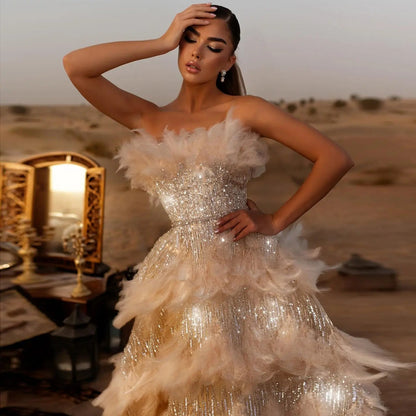 Luxury Feathers Strapless Ball Gown Evening Dress SS732