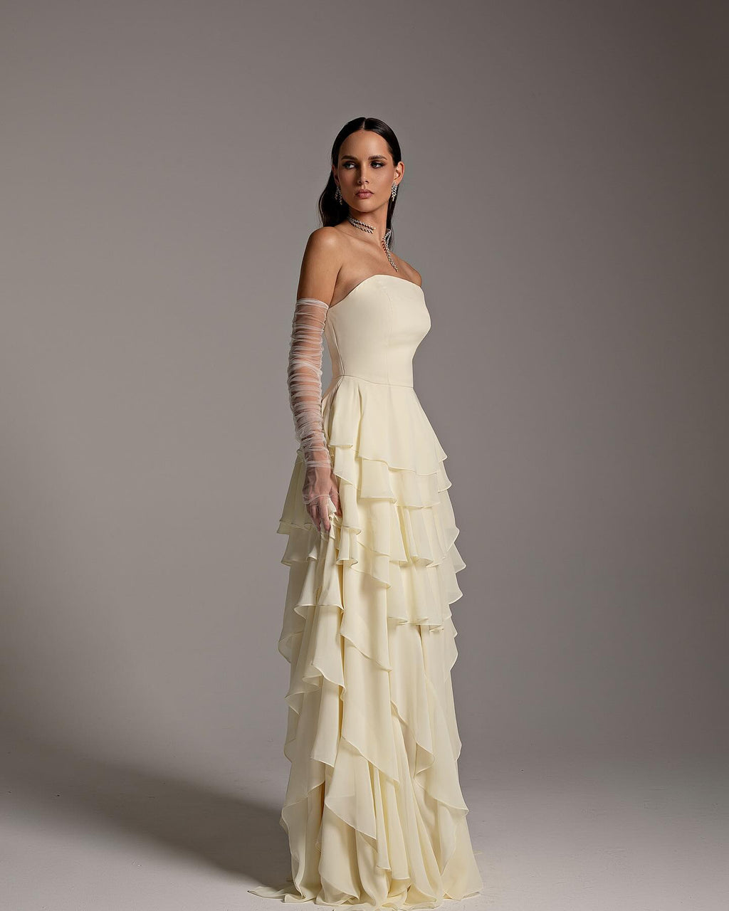 Elegant Yellow Strapless Ruffles Evening Dress SF256