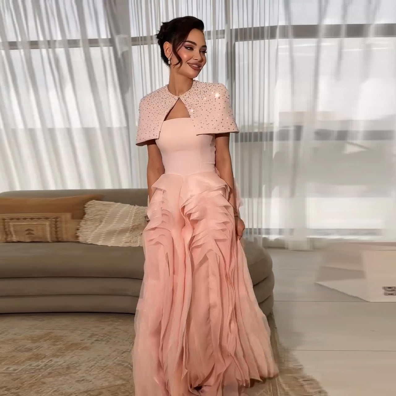 Luxury Pink Beaded Layered Ruched Evening Dress with Shawl SF408