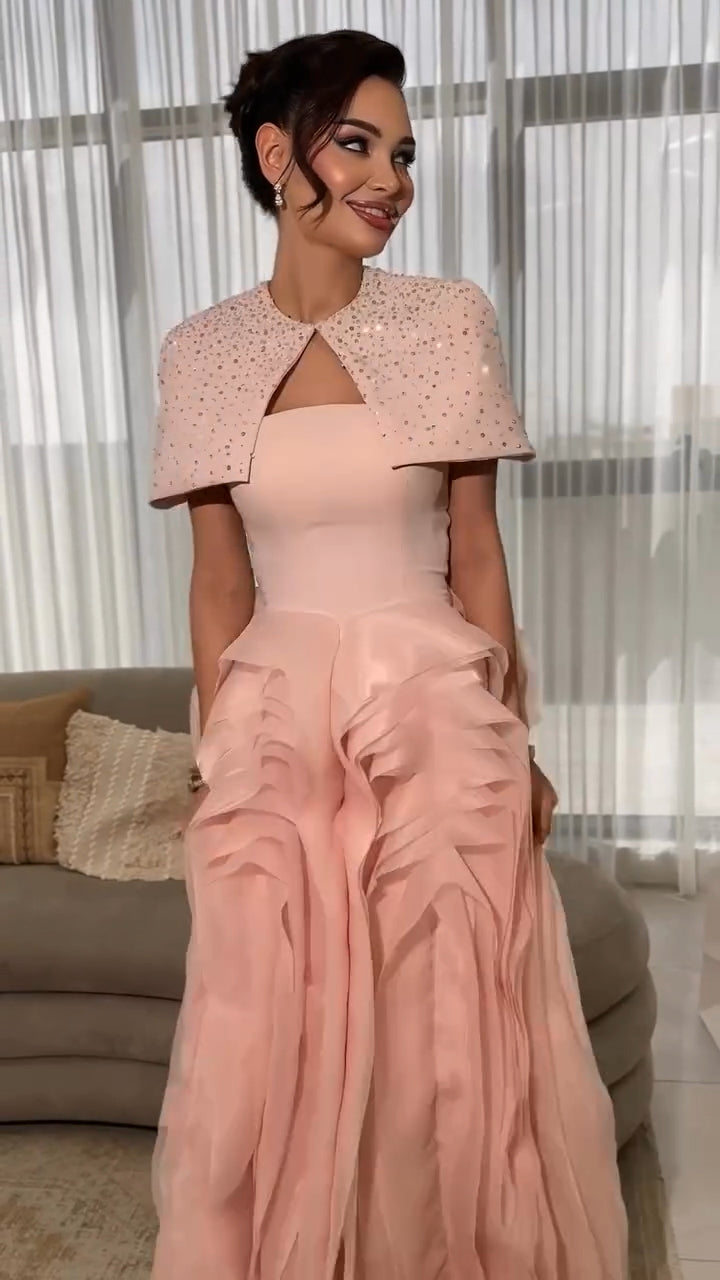 Luxury Pink Beaded Layered Ruched Evening Dress with Shawl SF408