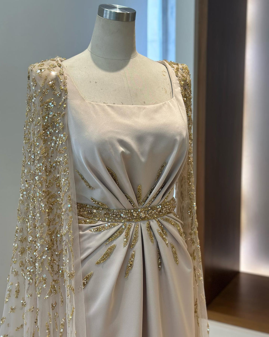 Elegant Champagne Square Neck Beaded Evening Dress with Cape Sleeve SS213