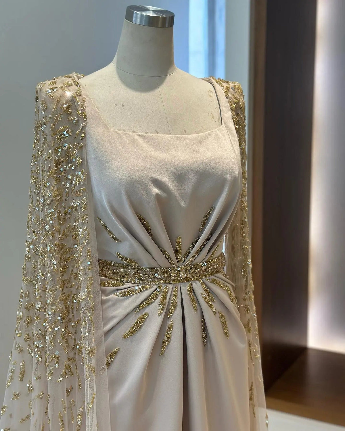 Luxury Champagne Square Neck Beaded Evening Dress with Cape Sleeve SS213