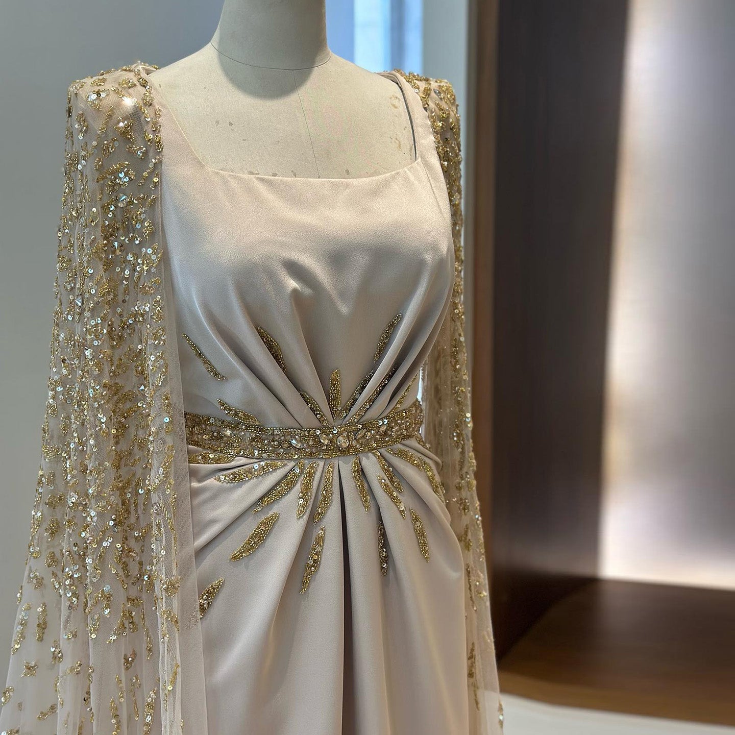 Elegant Champagne Square Neck Beaded Evening Dress with Cape Sleeve SS213