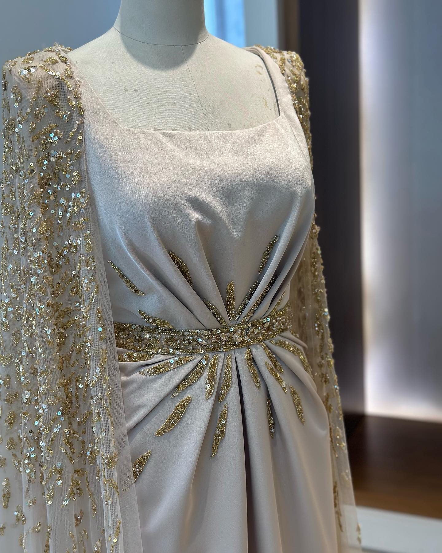 Elegant Champagne Square Neck Beaded Evening Dress with Cape Sleeve SS213