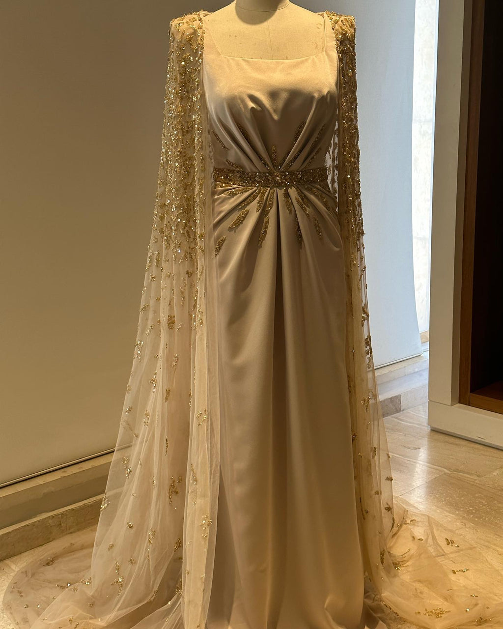Elegant Champagne Square Neck Beaded Evening Dress with Cape Sleeve SS213