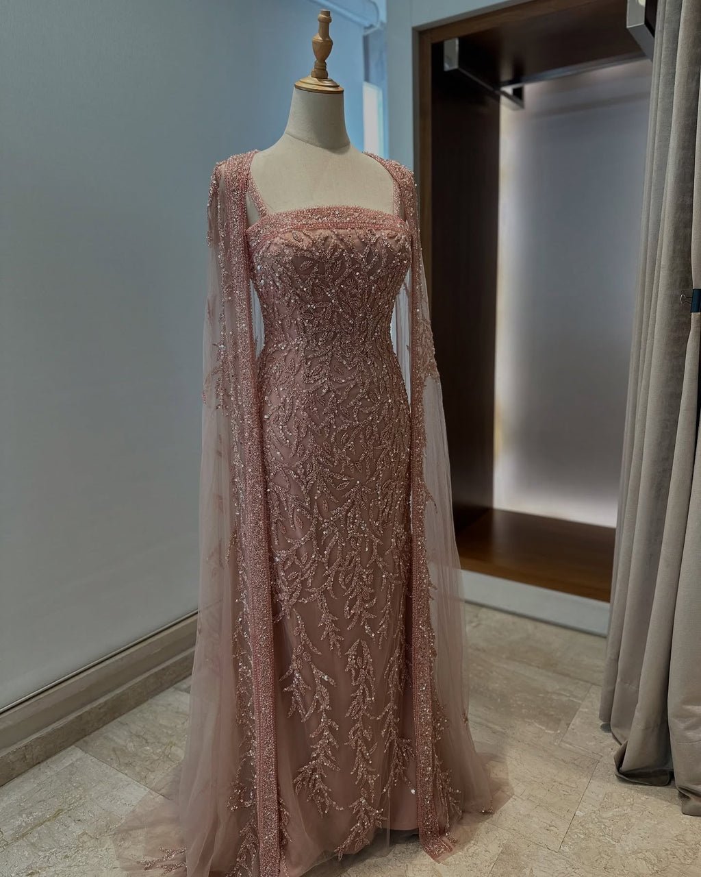 Luxury Crystal Pink Evening Dress with Cape SS393