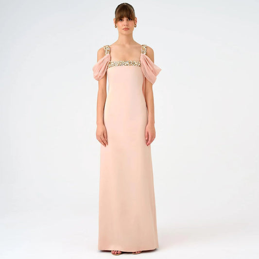 Luxury Light Pink Crystal Embellished Strap Fitted Evening Dress SF402