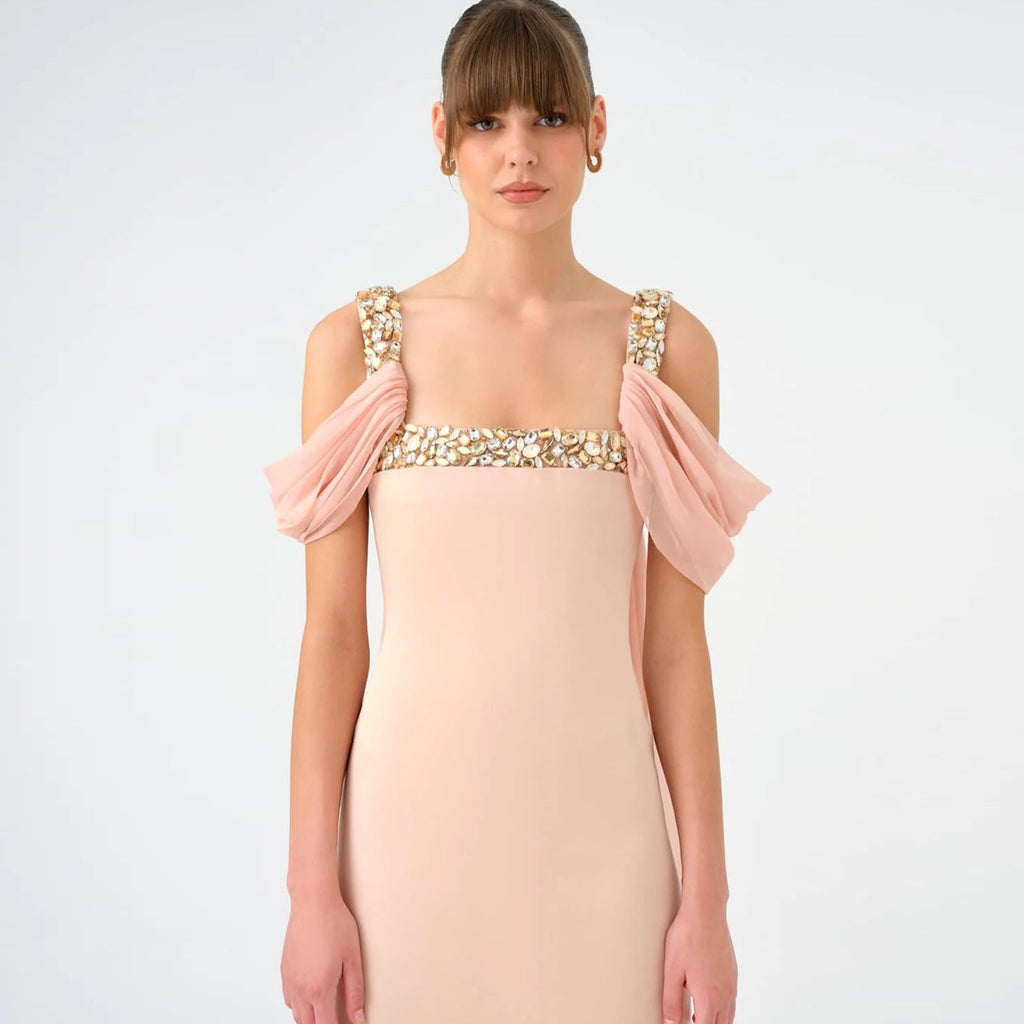 Luxury Light Pink Crystal Embellished Strap Fitted Evening Dress SF402