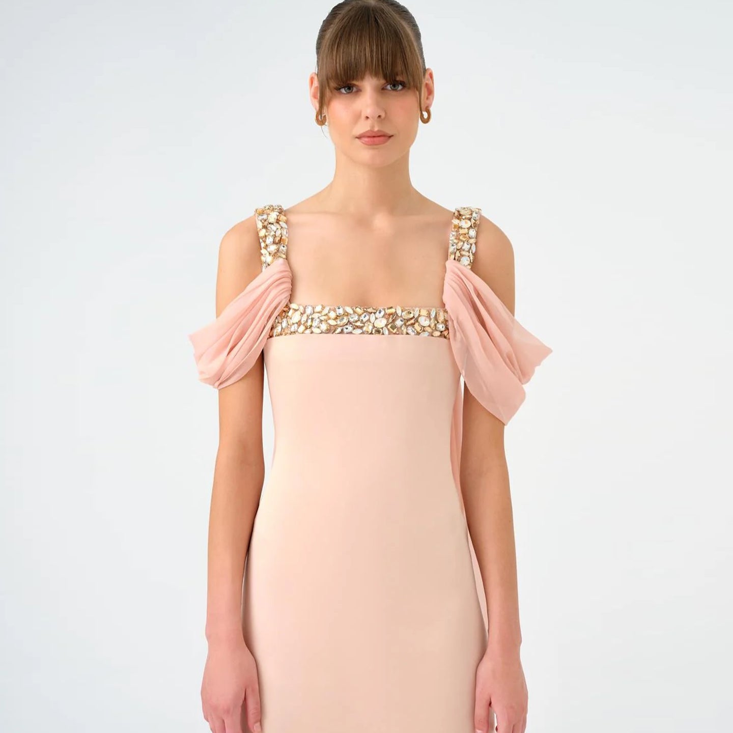 Luxury Light Pink Crystal Embellished Strap Fitted Evening Dress SF402