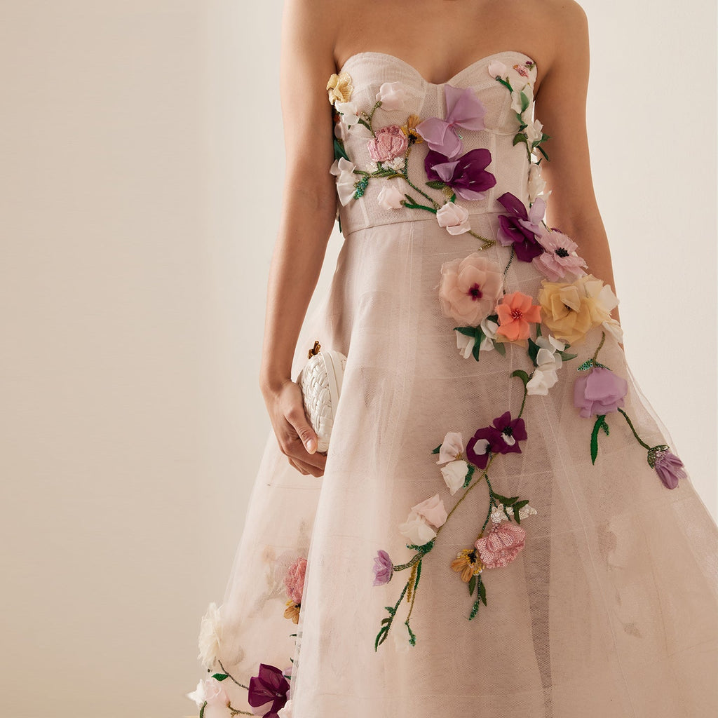 Elegant 3D Flowers Khaki A-line Midi Evening Dress SS334