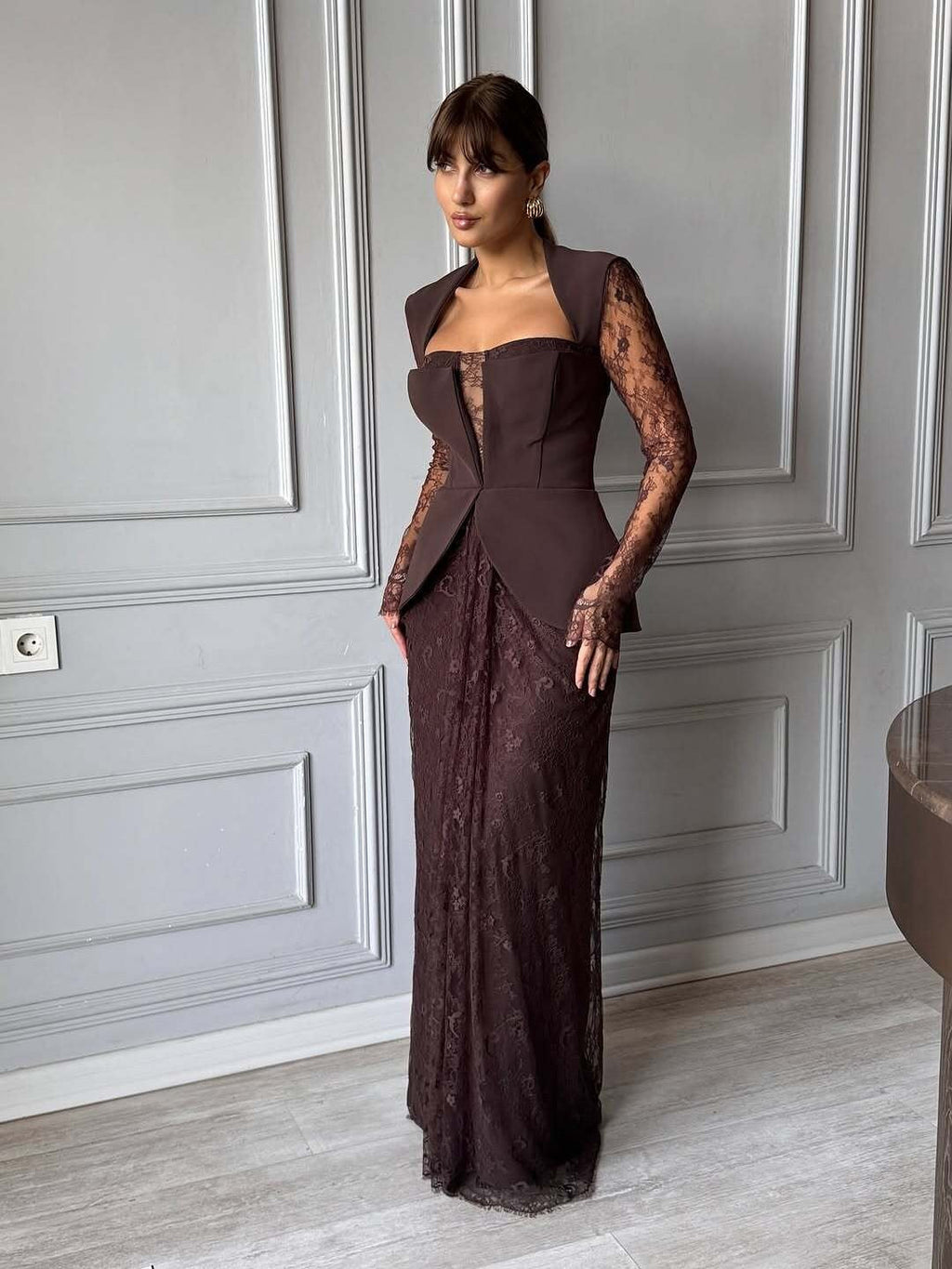 Luxury Brown Lace Panel Long Sleeve Fitted Evening Dress SF447