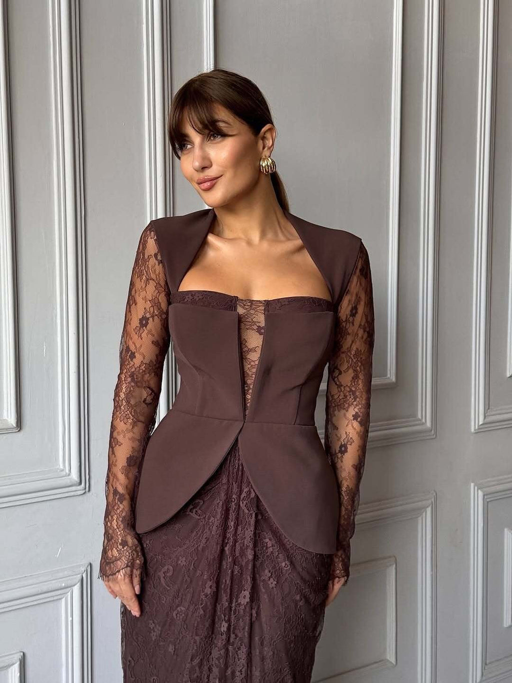 Luxury Brown Lace Panel Long Sleeve Fitted Evening Dress SF447