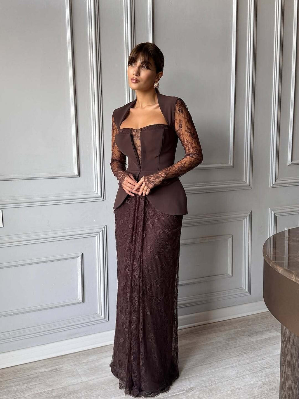 Luxury Brown Lace Panel Long Sleeve Fitted Evening Dress SF447