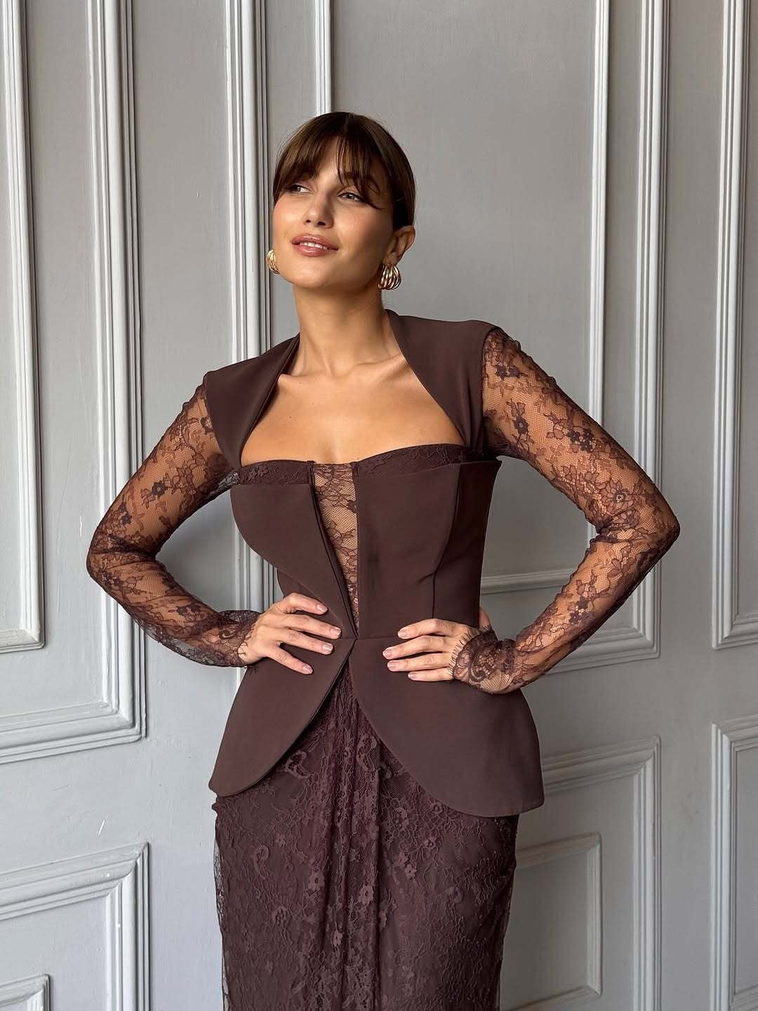 Luxury Brown Lace Panel Long Sleeve Fitted Evening Dress SF447