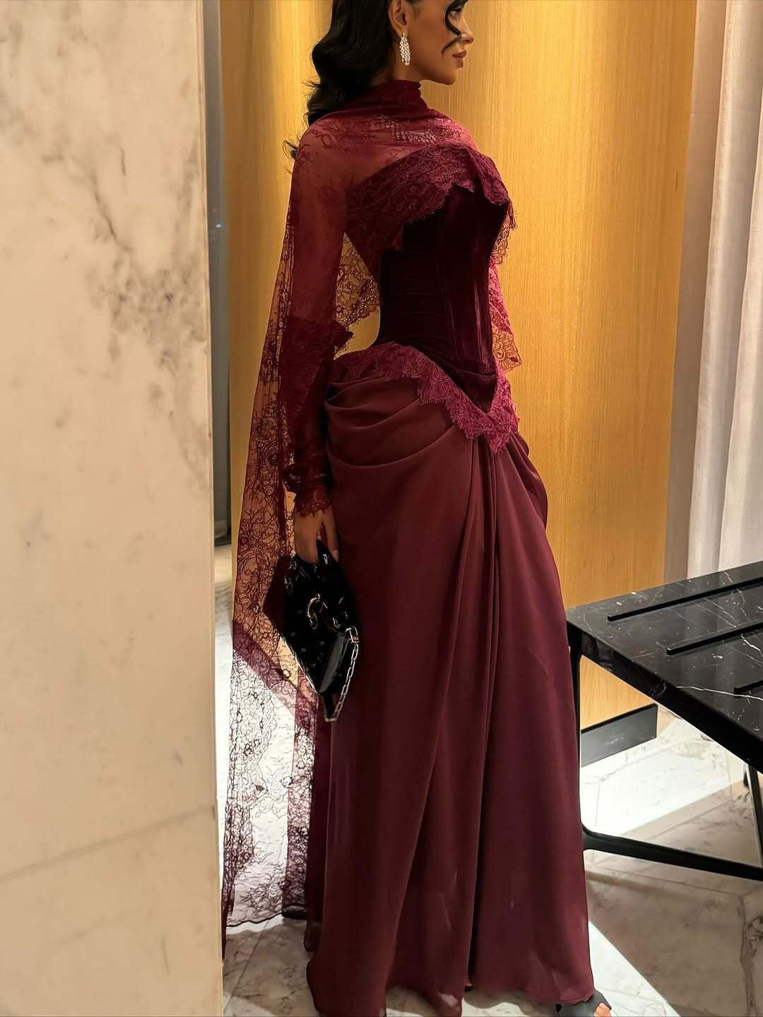 Luxury Burgundy Lace Panel Long Sleeve Fitted Evening Dress with Cape SF462