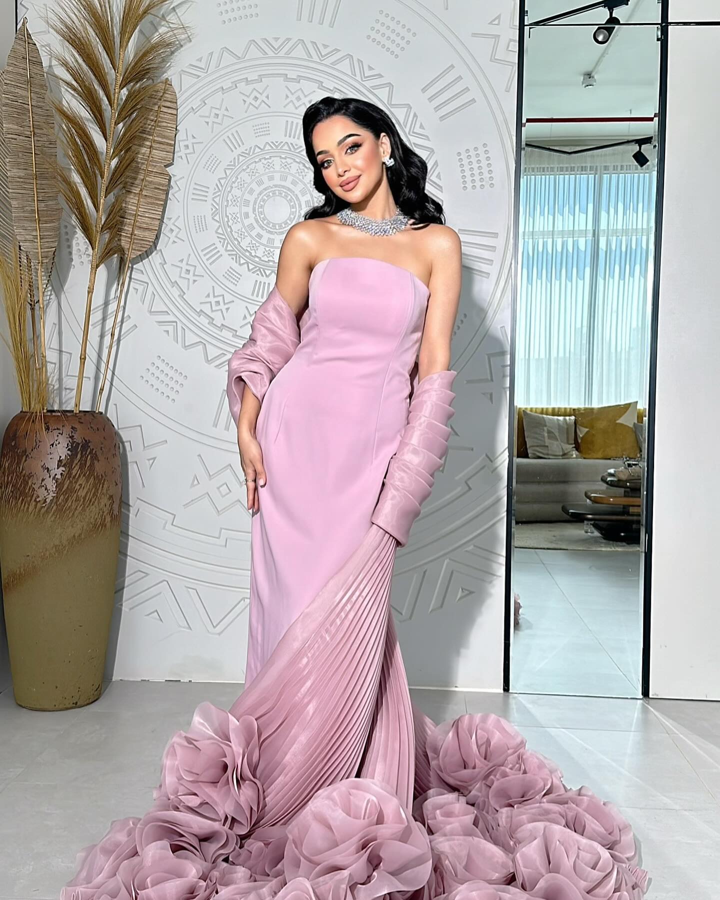 Luxury Strapless Pink Evening Dress with 3D Floral Overskirt SF485