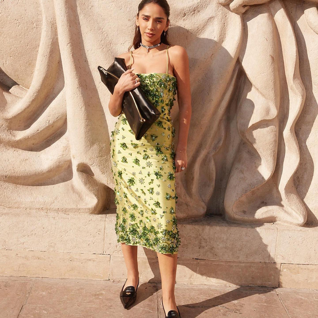 Luxury 3D Floral Beaded Green Spaghetti Straps Midi Evening Dress SS233