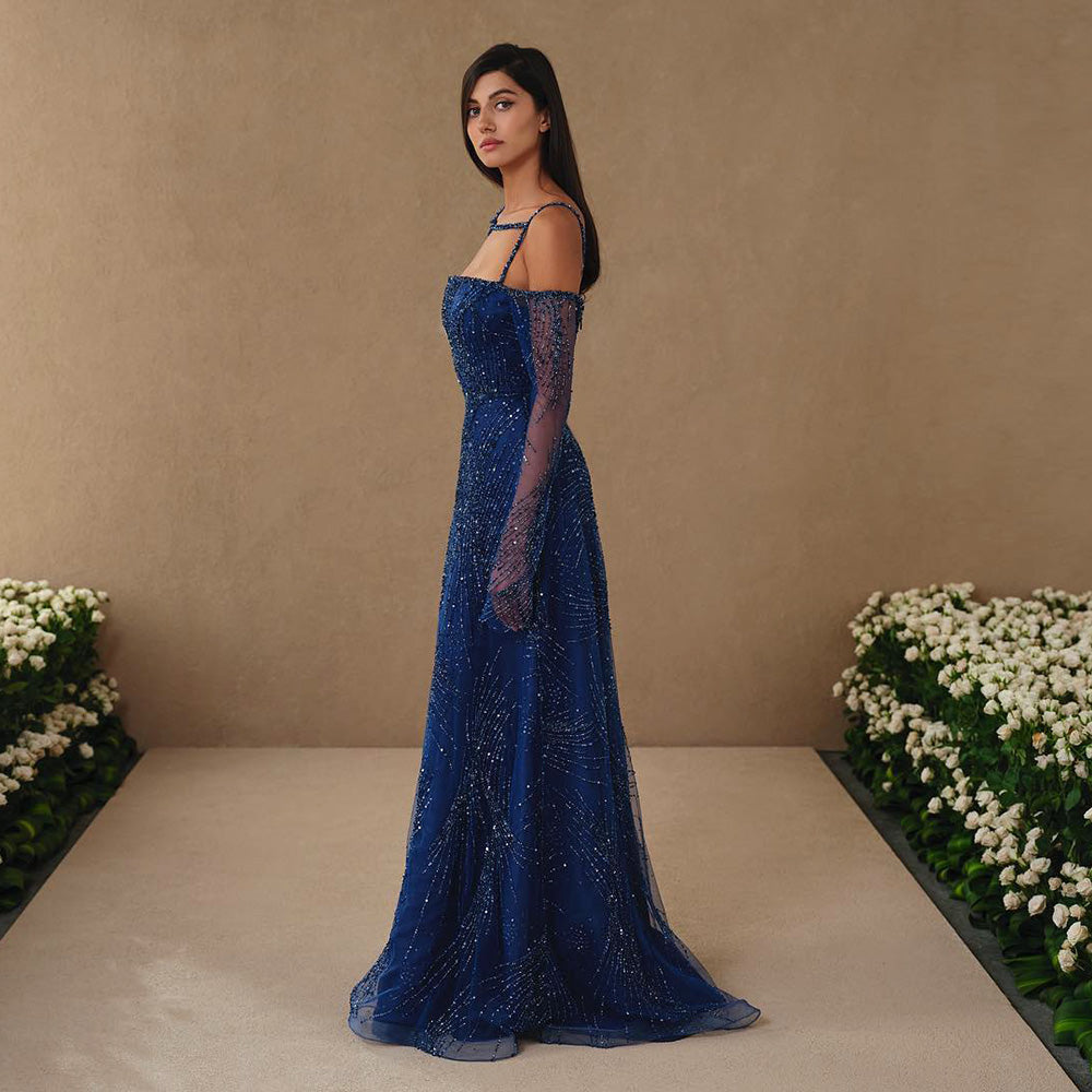 Elegant Beaded Navy Blue Evening Dress with Long Sleeves SS396