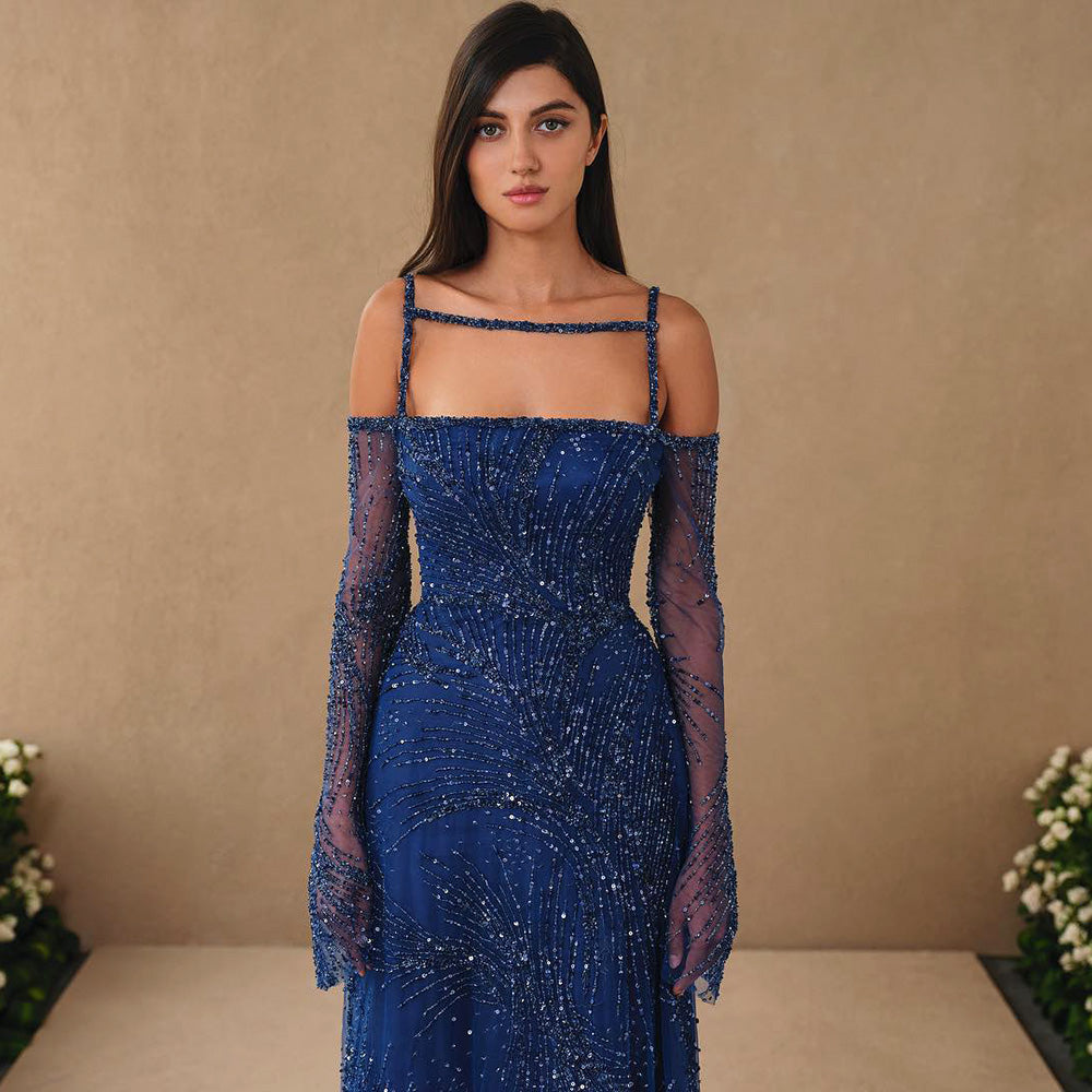 Elegant Beaded Navy Blue Evening Dress with Long Sleeves SS396