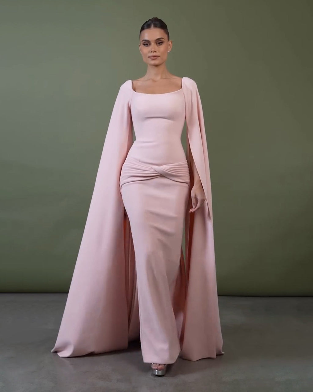 Graceful Bataeu Pink Draped Evening Dress with Cape Sleeve SF518