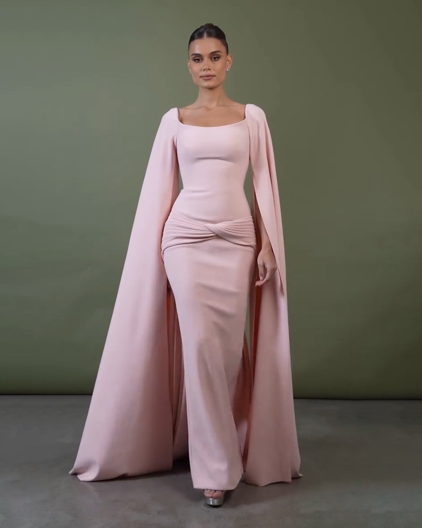 Graceful Bataeu Pink Draped Evening Dress with Cape Sleeve SF518