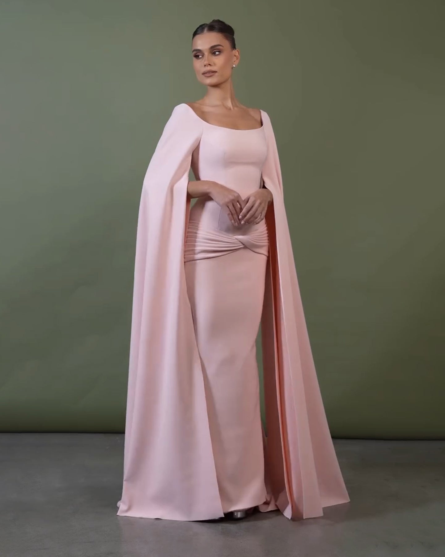 Graceful Bataeu Pink Draped Evening Dress with Cape Sleeve SF518