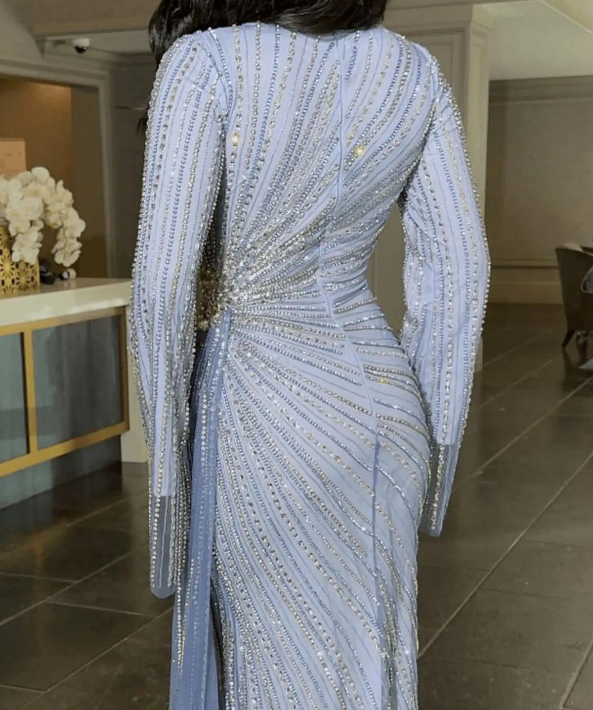 Luxury Beaded Gold Long Sleeves Evening Dress with Overskirt SS113