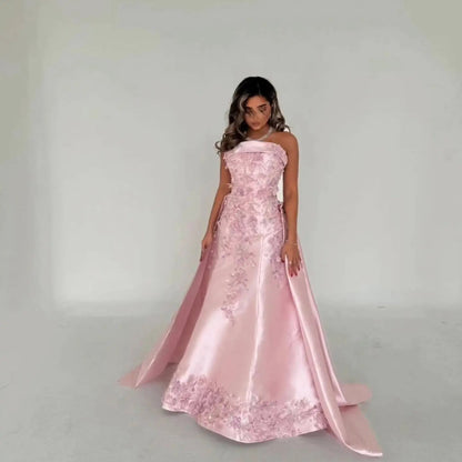 Luxury Pink 3D Floral Beaded Sequin Strapless Evening Dress with Overskirt XD067
