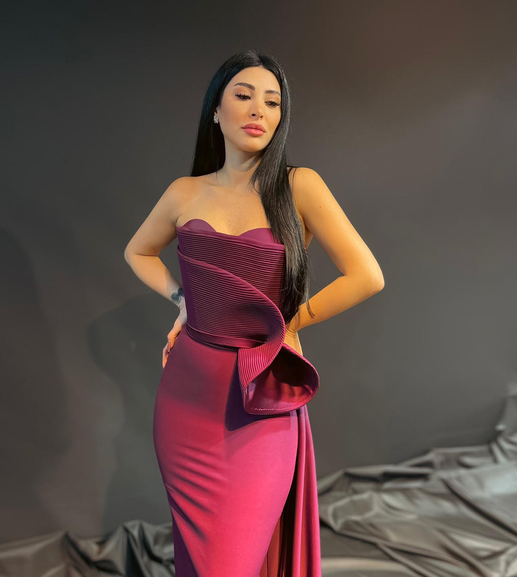 Elegant Red Pleats Satin Evening Dress with Overskirt SF331