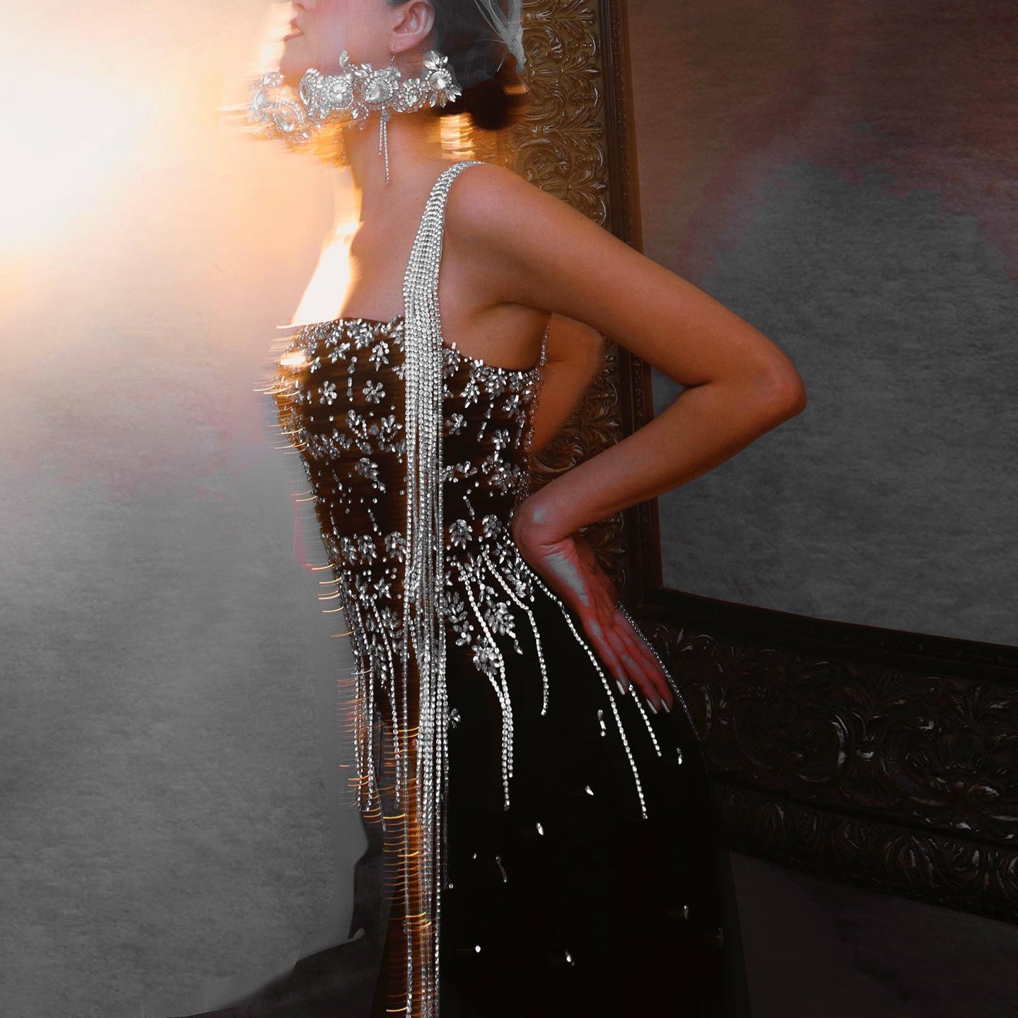 Luxury Crystal Tassel Black Evening Dress with Straps / Cape SS294