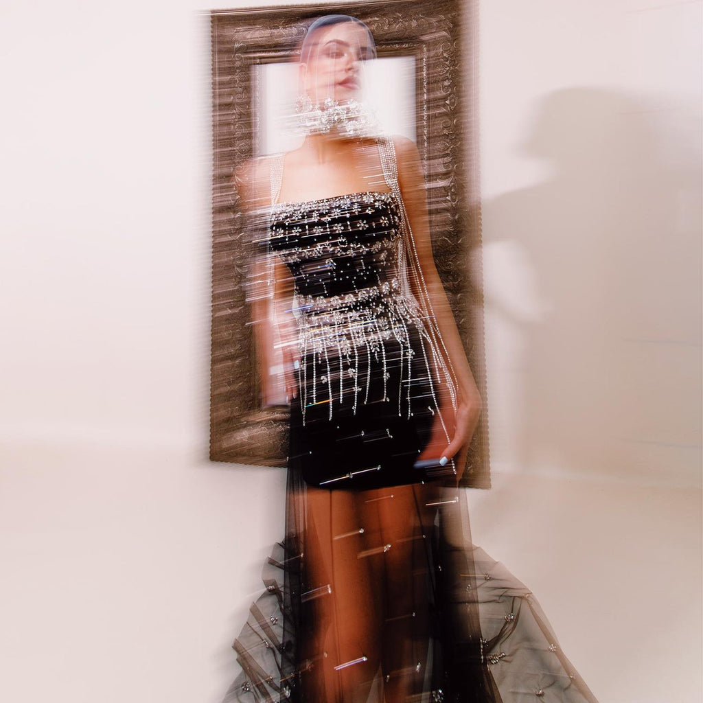 Luxury Crystal Tassel Black Evening Dress with Straps / Cape SS294