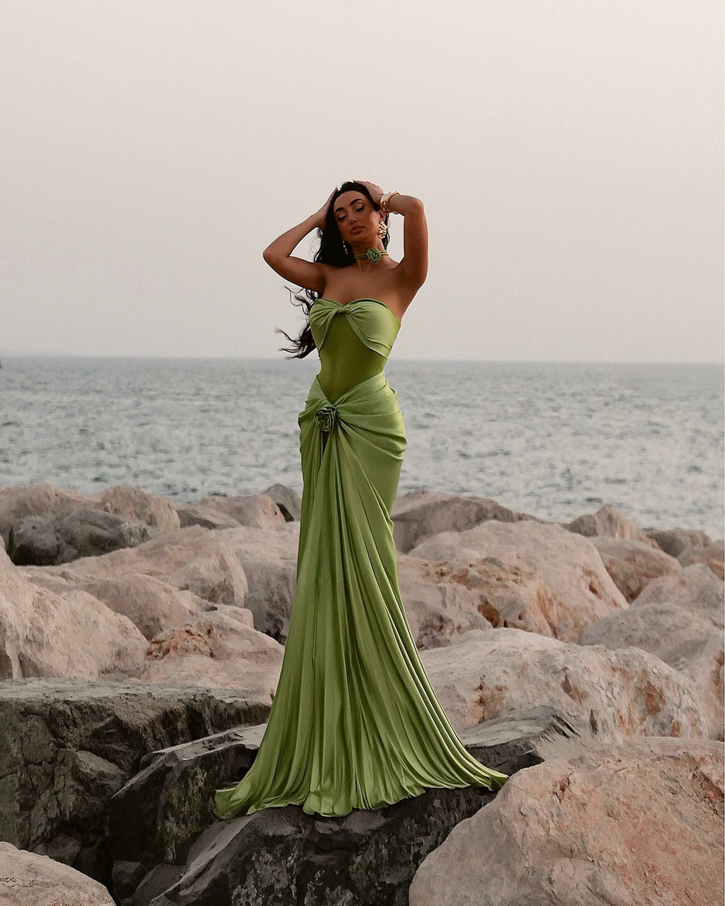 Elegant Green 3D Floral Mermaid Pleats Evening Dress SF532