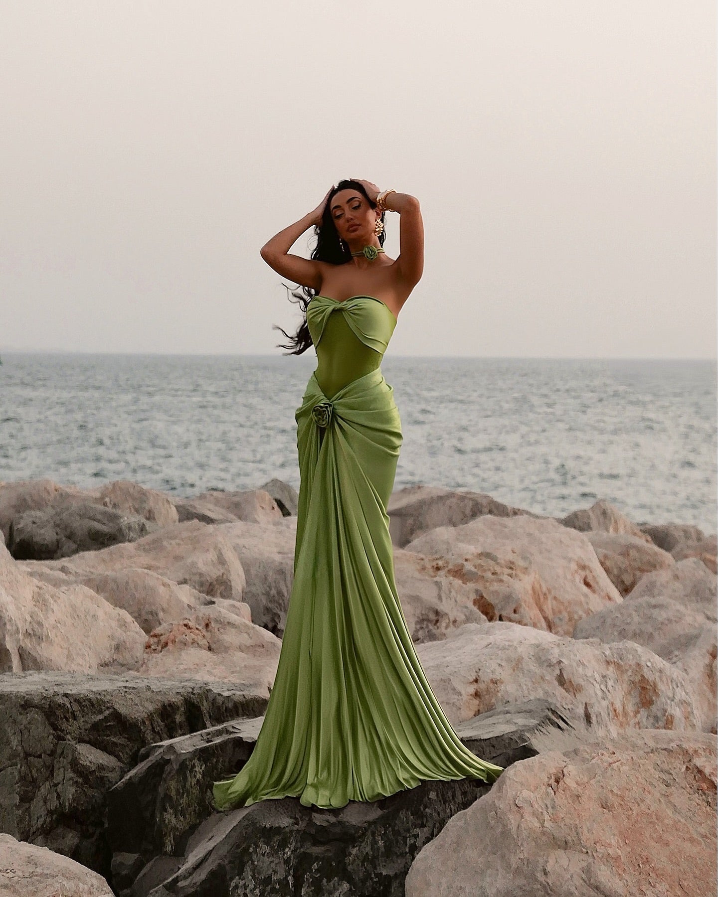 Elegant Green 3D Floral Mermaid Pleats Evening Dress SF532