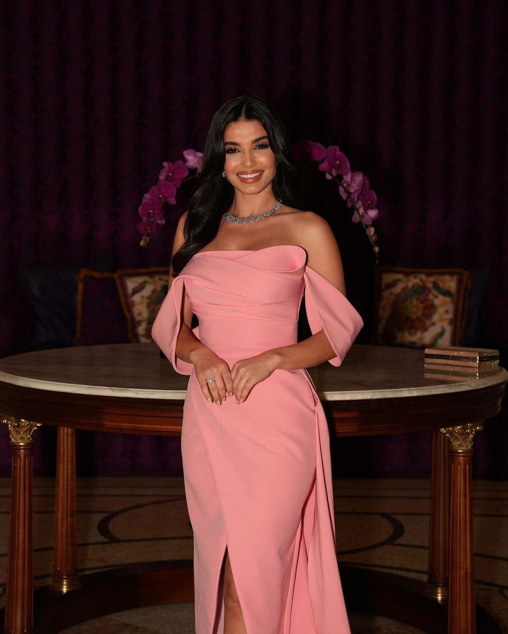 Elegant Pink Off-Shoulder Evening Dress with Overskirt SF325