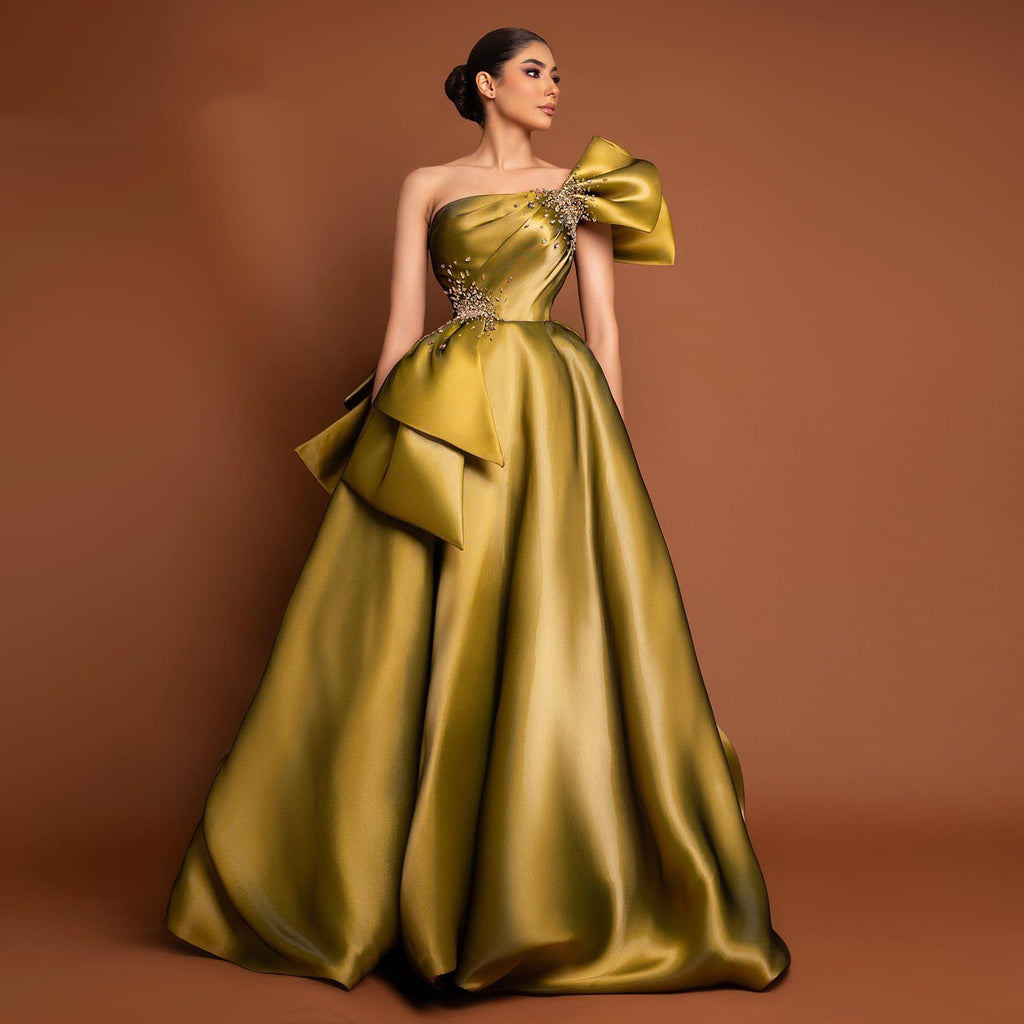 Elegant Crystal Lavender A-Line Pleats Satin Evening Dress SS592