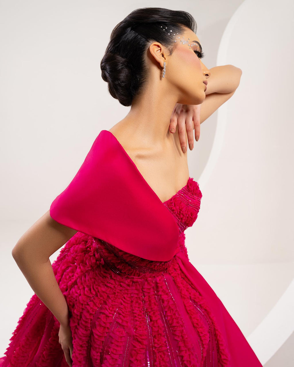 Luxury Beaded Fuchsia Ball Gown with Train Evening Dress XD042