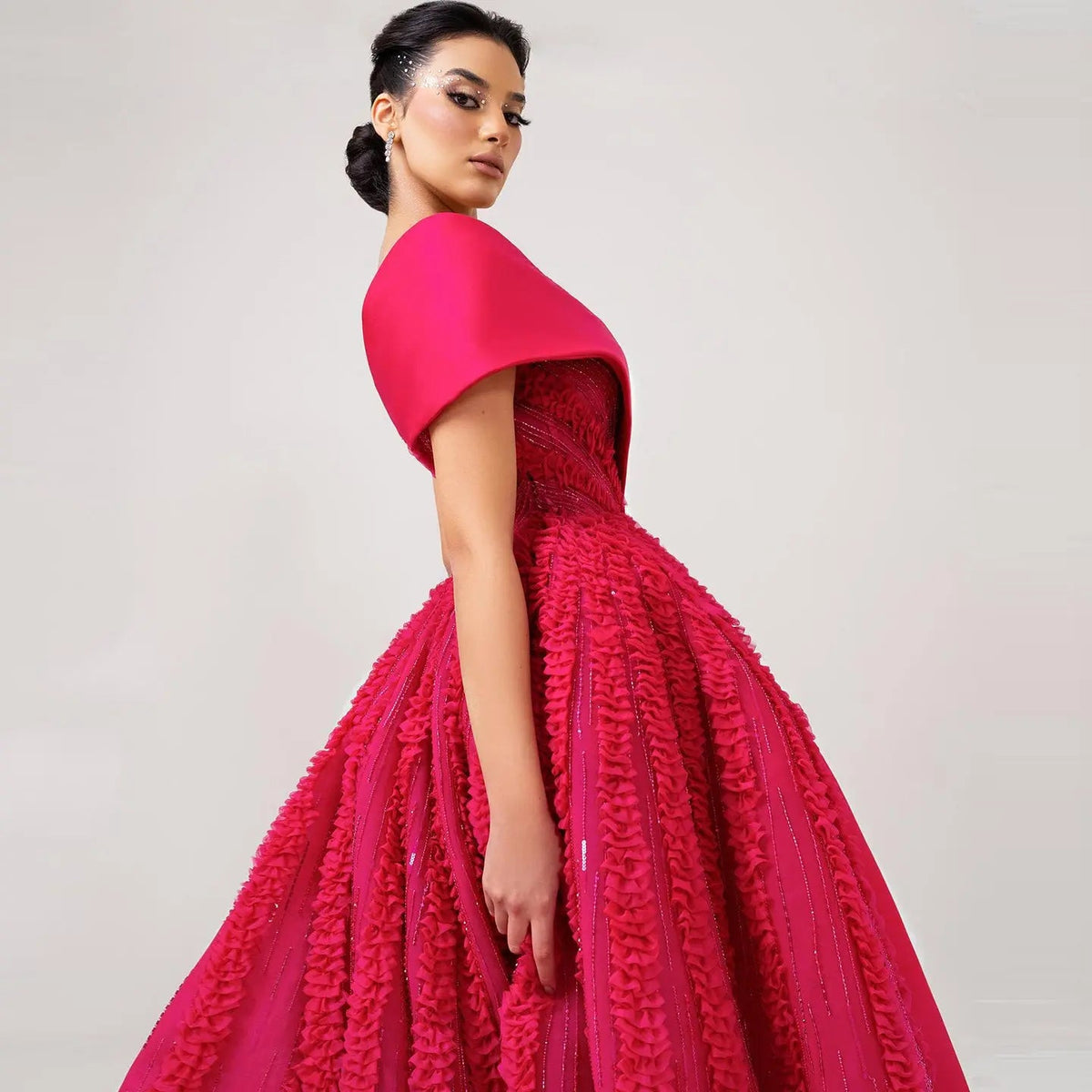 Luxury Fuchsia Beaded Textured Ball Gown Train Evening Dress XD042