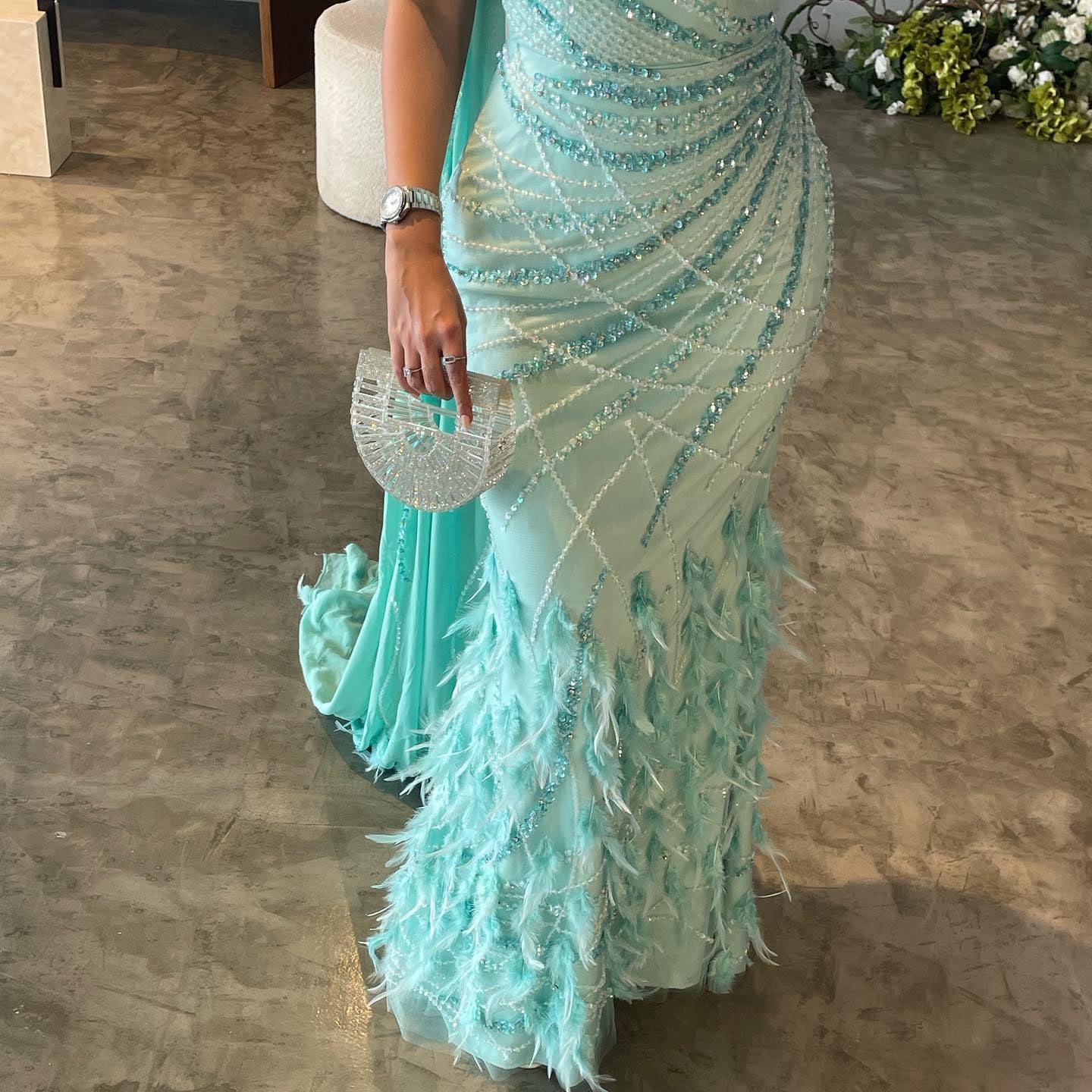 Luxury Feathers Turquoise One Shoulder Mermaid Evening Dress SS498
