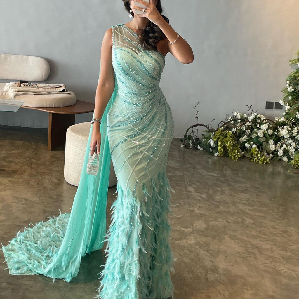 Luxury Feathers Turquoise One Shoulder Mermaid Evening Dress SS498