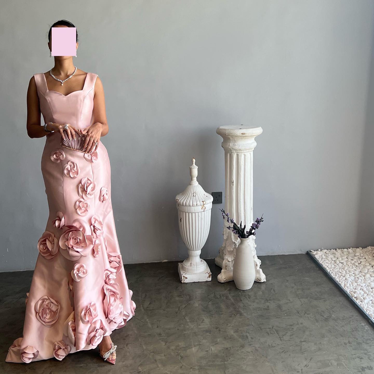 Luxury 3D Floral Pink Mermaid Satin Evening Dress SF081