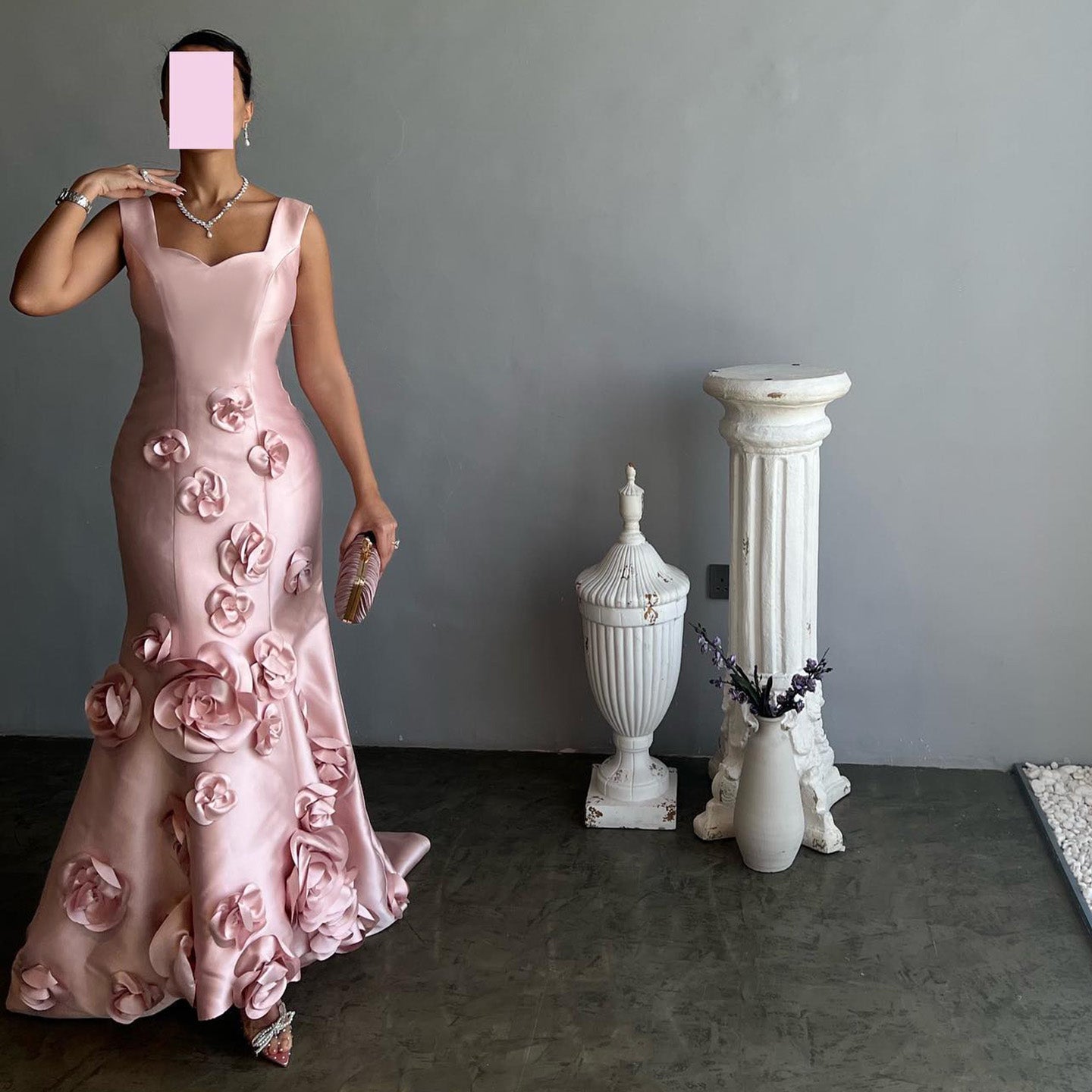 Luxury 3D Floral Pink Mermaid Satin Evening Dress SF081