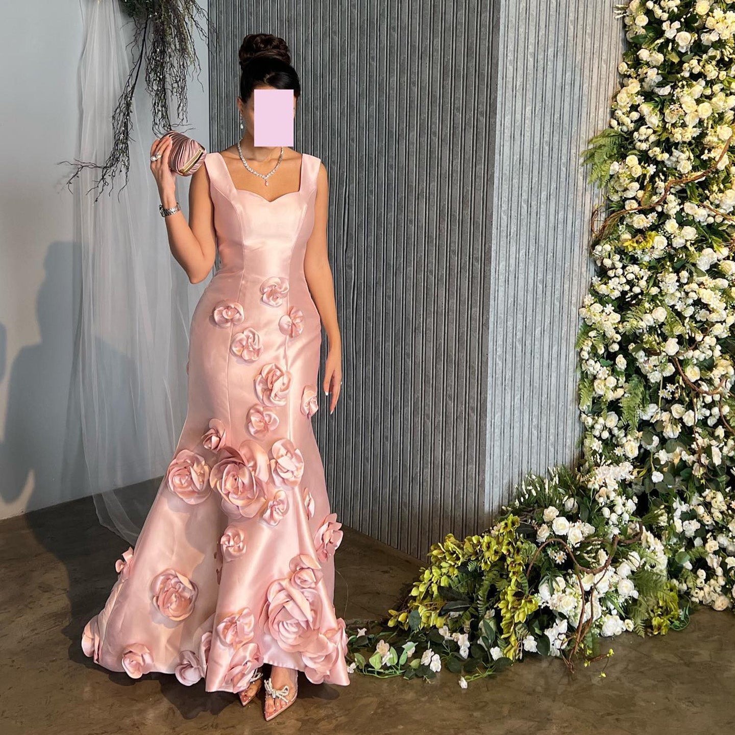 Luxury 3D Floral Pink Mermaid Satin Evening Dress SF081