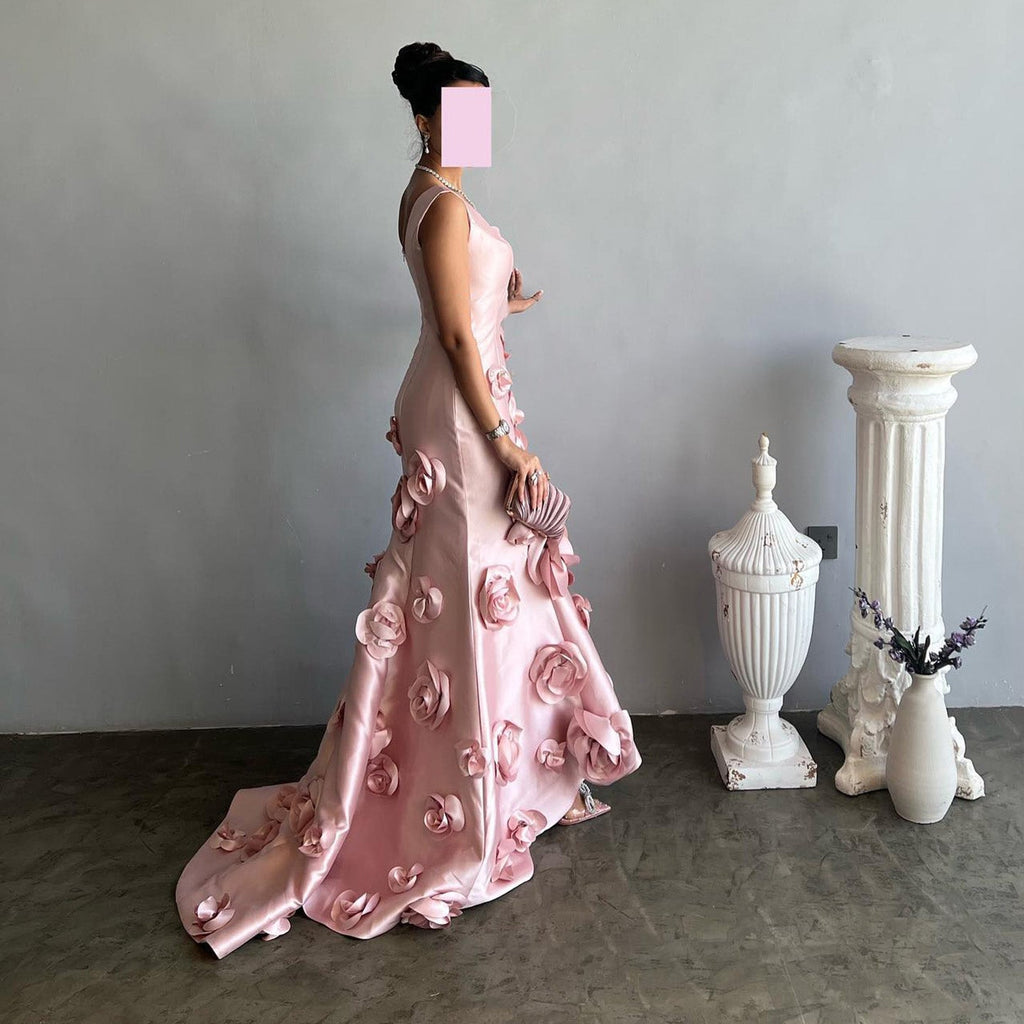 Luxury 3D Floral Pink Mermaid Satin Evening Dress SF081