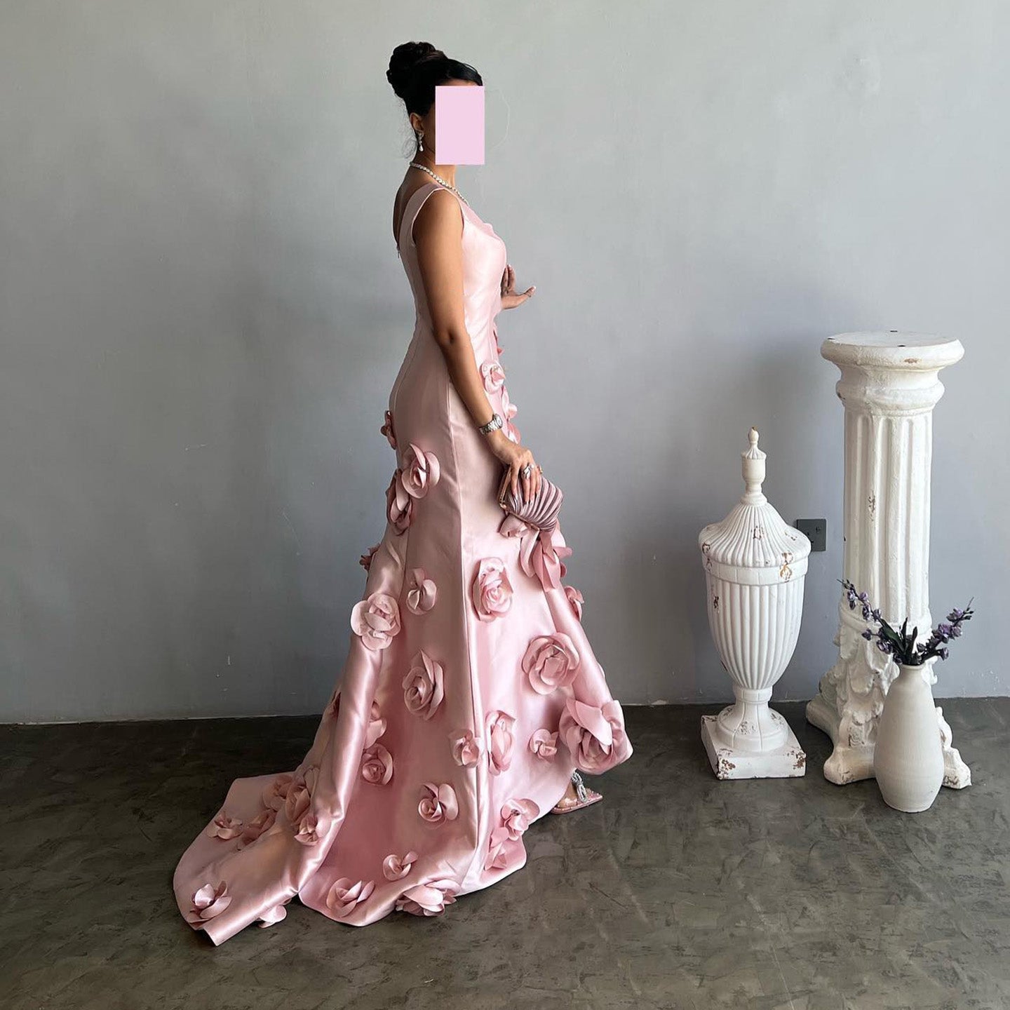 Luxury 3D Floral Pink Mermaid Satin Evening Dress SF081