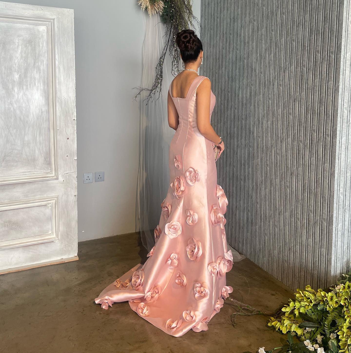 Luxury 3D Floral Pink Mermaid Satin Evening Dress SF081