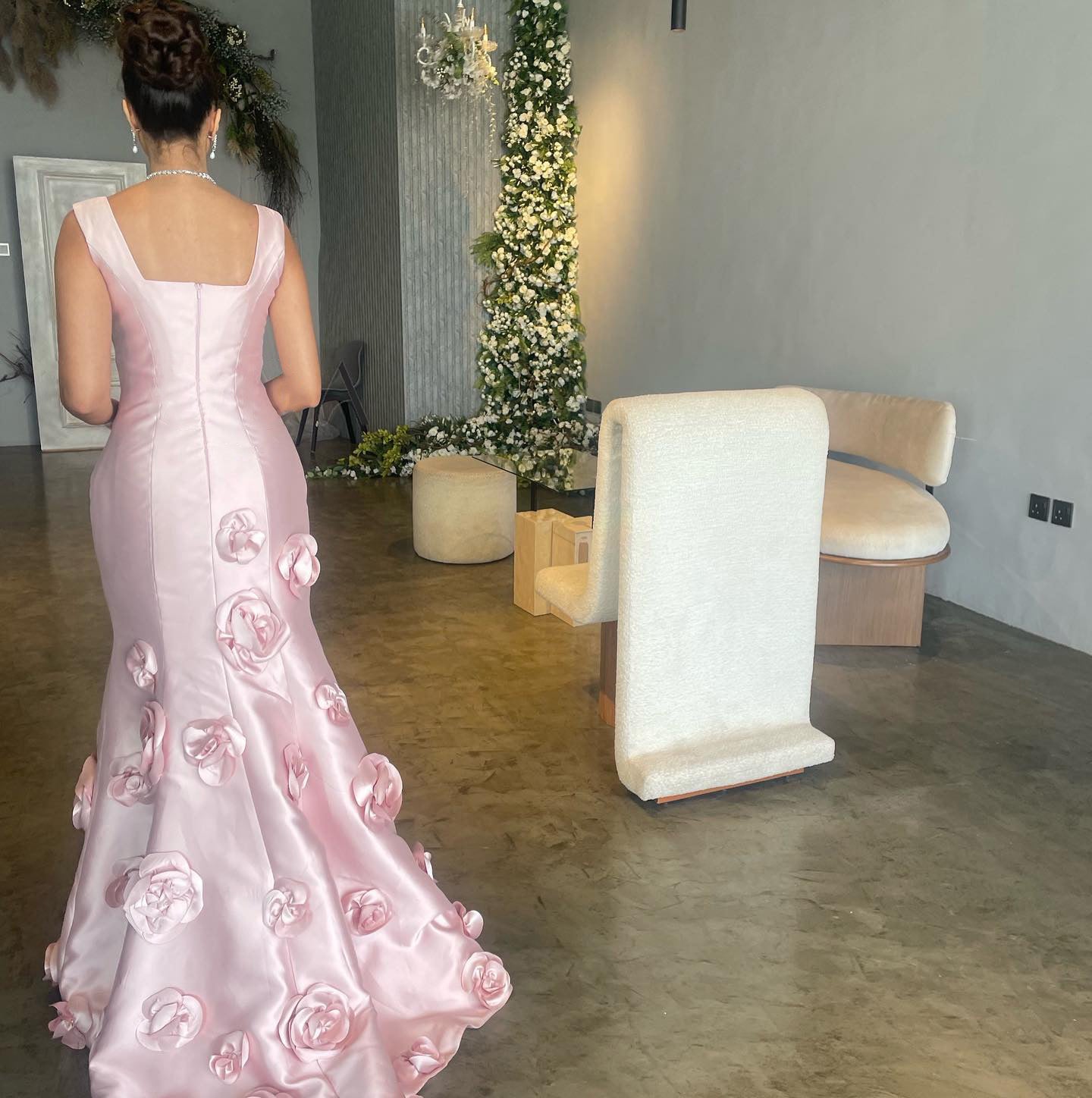 Luxury 3D Floral Pink Mermaid Satin Evening Dress SF081